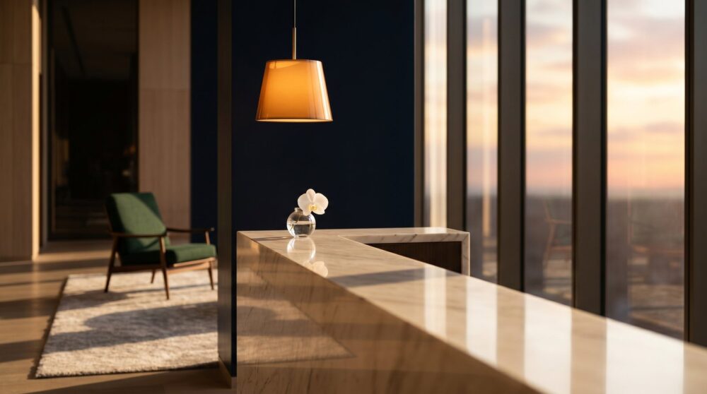 夕暮れの高級ホテルロビーと大理石カウンター