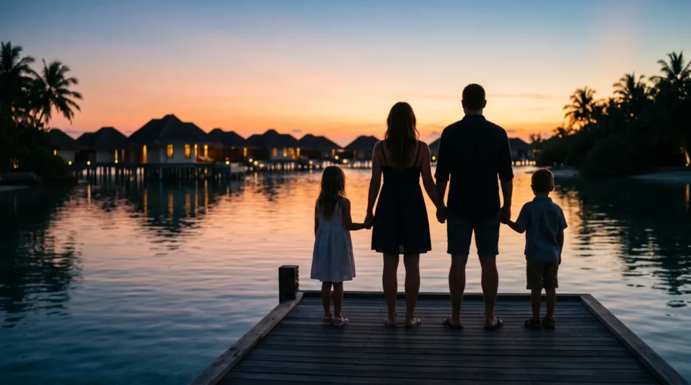オーバーウォーターバンガローを背景に桟橋に立つ4人家族の後ろ姿
