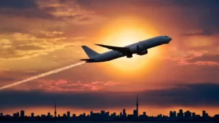 夕焼け空の東京ベイを離陸する白い旅客機のシルエット