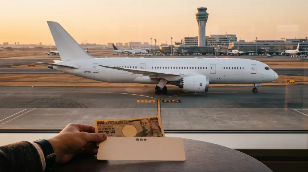 成田空港で夕暮れの滑走路に停まる旅客機と、手元の一万円札と搭乗券