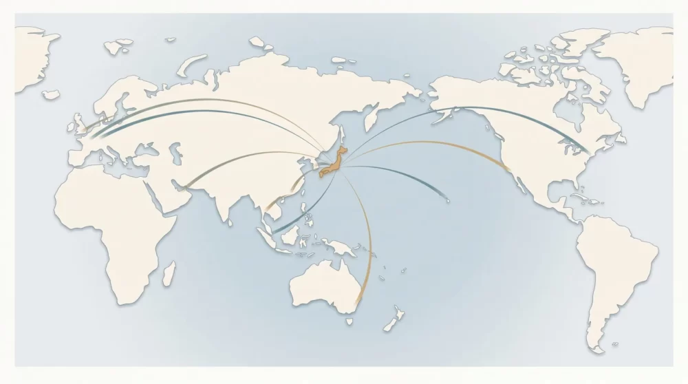 日本から世界各地への国際線フライト路線を示した地図