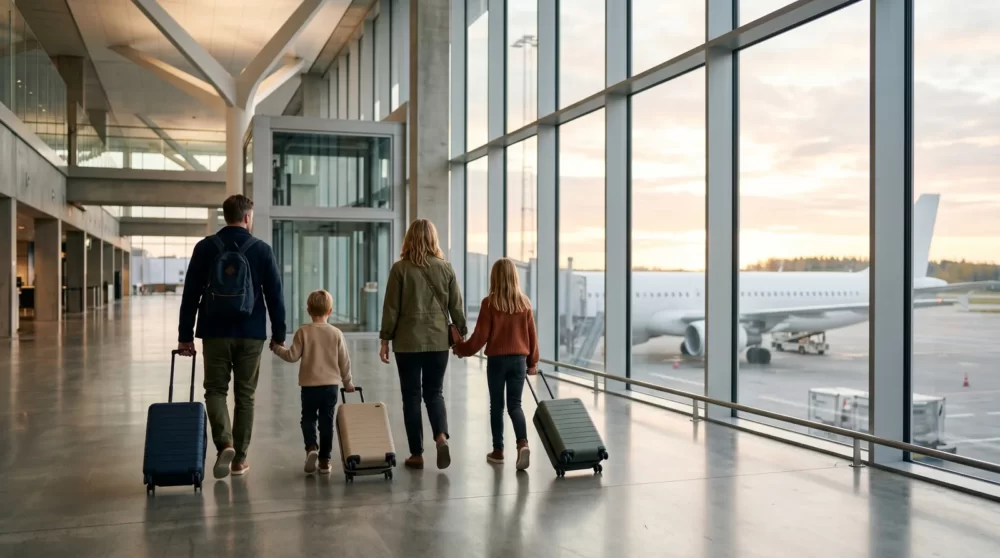 空港ターミナルの窓辺を歩く4人家族の後ろ姿
