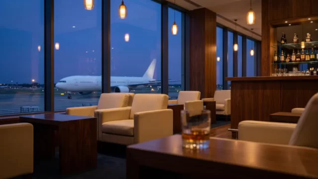 夕暮れの空港プレミアムラウンジ内観と駐機場の旅客機