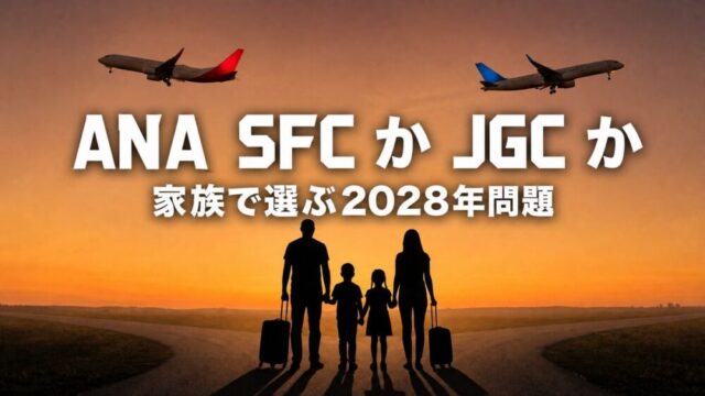 ANA SFC か JGC か 家族で選ぶ2028年問題（夕焼けに立つ家族と2機の旅客機を背景にしたアイキャッチ）