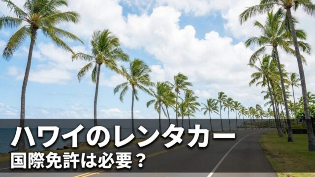 ハワイの海沿いのヤシ並木道とレンタカー記事のアイキャッチ。国際免許は必要かを問うサムネイル