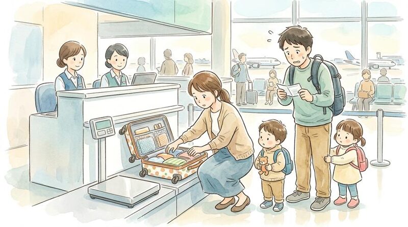 空港チェックインで荷物を詰め直す家族の水彩イラスト