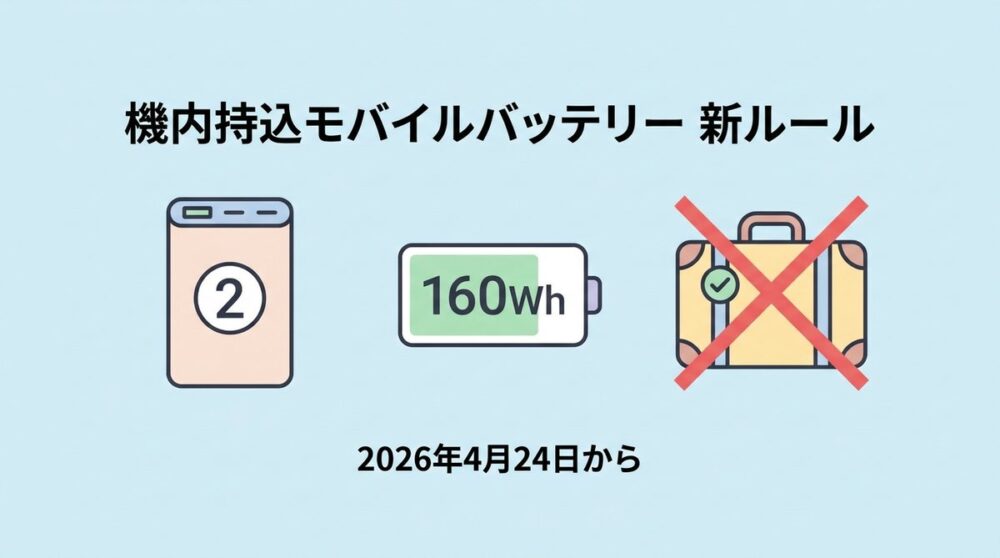 機内持込モバイルバッテリー新ルール 2026年4月24日から 1人2個・160Wh以下・預入禁止