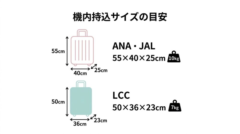 機内持込サイズの目安 ANA・JAL 55×40×25cm 10kg / LCC 50×36×23cm 7kg