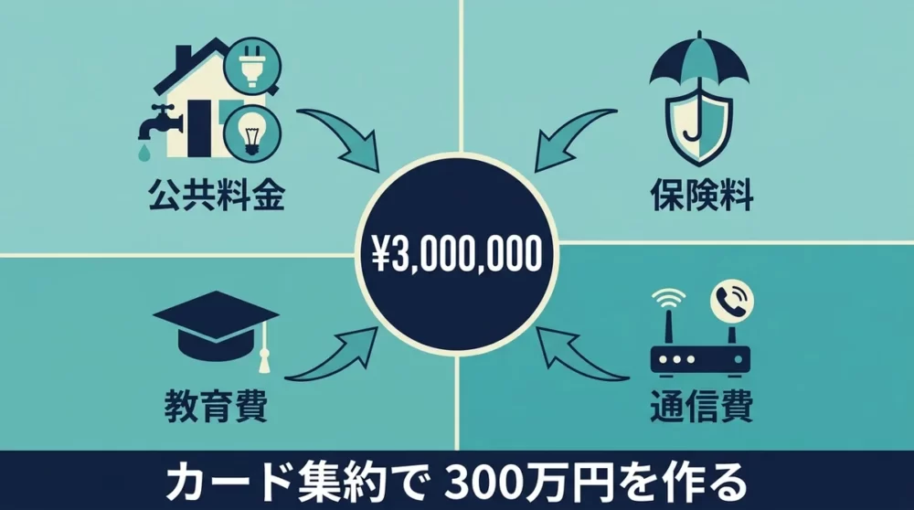 300万円の年間カード決済を作るための支出集約イメージ (公共料金・保険料・教育費・通信費)