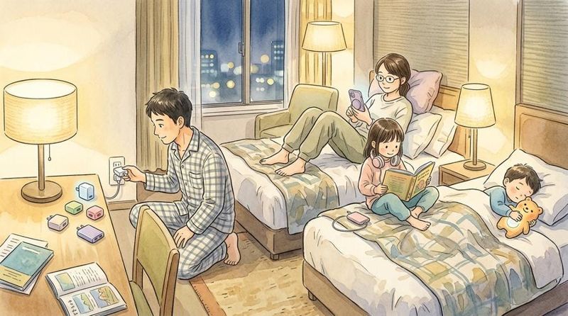 ホテルの夜、家族4人がそれぞれ個別の充電器・モバイルバッテリーで各デバイスを充電するシーンの水彩イラスト