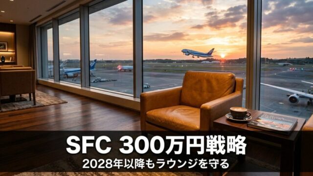 プレミアムラウンジから滑走路を望む夕暮れ。SFC 300万円戦略で2028年以降もラウンジを守る