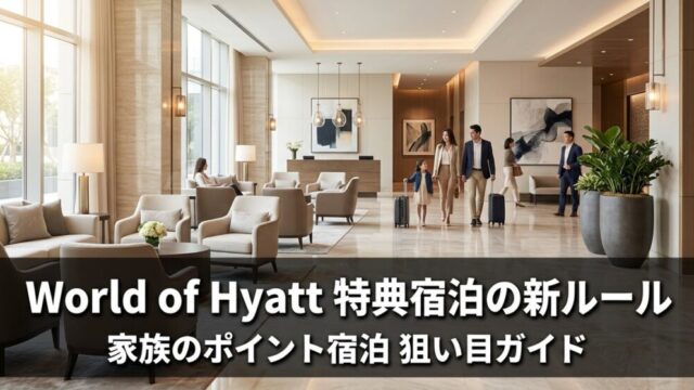 上質なホテルロビーを家族がスーツケースを引いて歩く様子と、World of Hyatt特典宿泊の新ルールの見出し