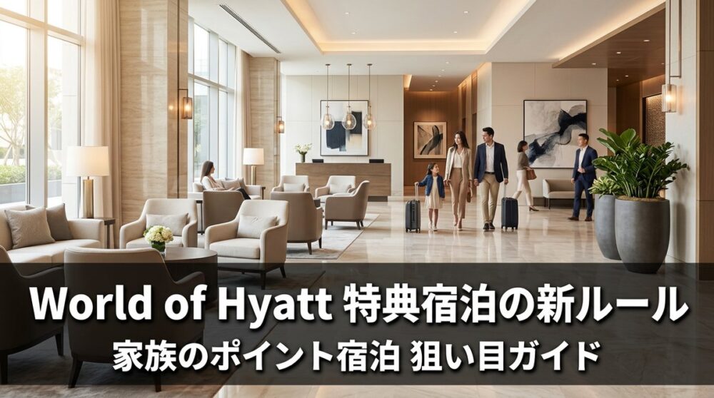 上質なホテルロビーを家族がスーツケースを引いて歩く様子と、World of Hyatt特典宿泊の新ルールの見出し