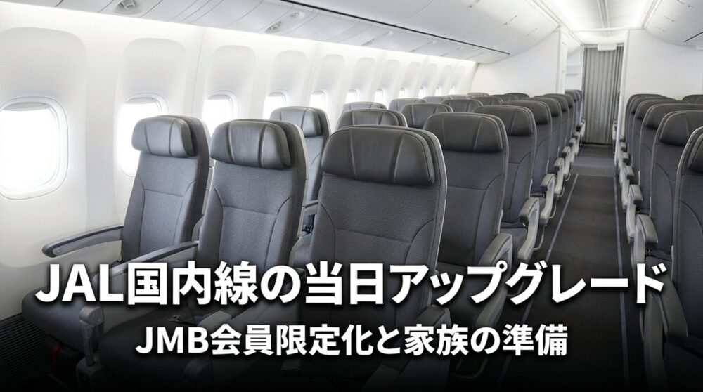旅客機の客室の座席が並ぶ機内と、JAL国内線の当日アップグレードの見出し