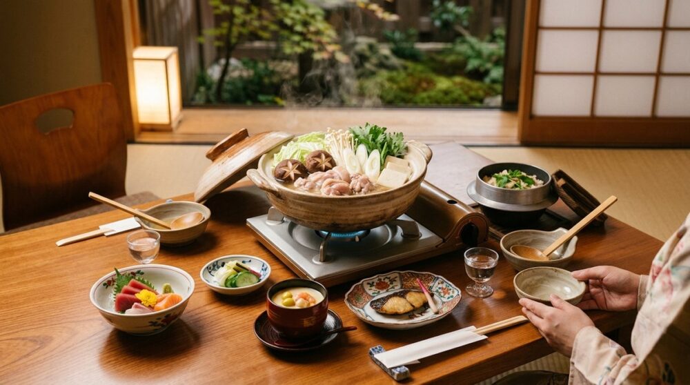 温泉旅館の和食会席。鶏もも肉の鍋や刺身、小鉢が並ぶ夕食