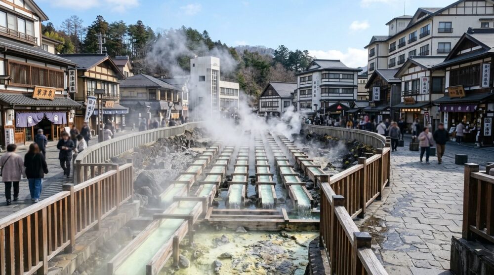 草津温泉の湯畑。木の湯樋を流れる湯けむりと温泉街