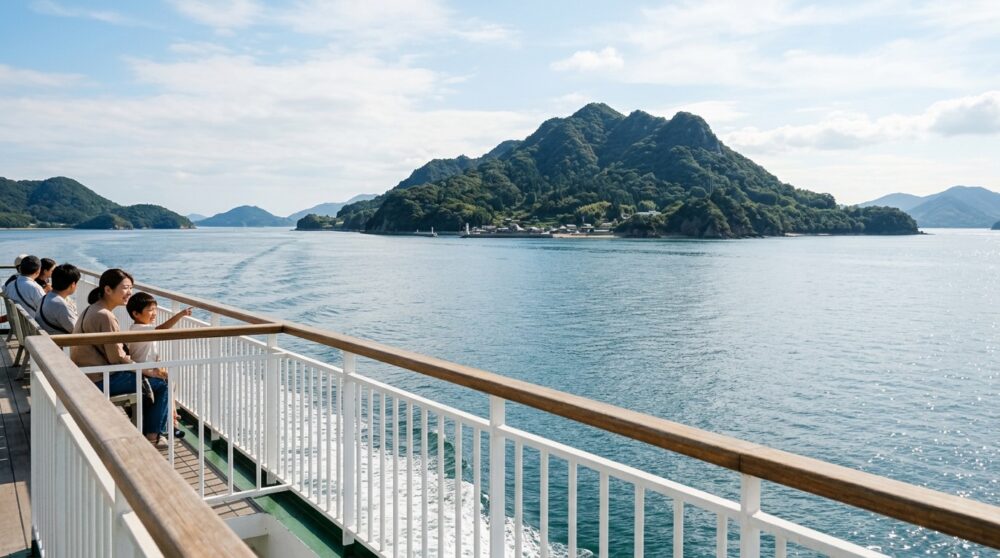 フェリーのデッキから瀬戸内海越しに宮島を望む家族