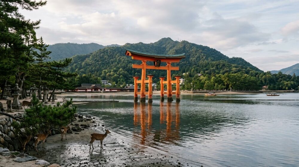 厳島神社の大鳥居が海に立つ宮島の風景と鹿