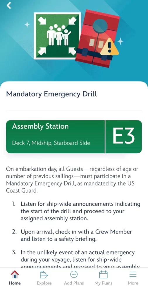 Navigatorアプリの避難訓練の画面。Assembly Station E3、Deck 7 Midship Starboard Side と表示されている