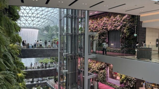 ラウンジの窓越しに見えるJewelのレイン・ボルテックス（屋内滝）と観光客