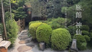 高千穂の旅館 神仙の日本庭園。白砂と飛石、丸く刈り込まれた植栽と竹垣