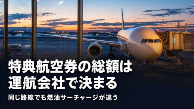 夕暮れの搭乗ゲートに駐機する旅客機をターミナル内から見た画像。特典航空券の総額は運航会社で決まるという記事のアイキャッチ