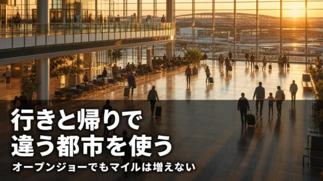 夕暮れの空港出発ロビーを、スーツケースを引いて歩く旅行者たち。オープンジョーの記事のアイキャッチ