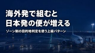 夜の空港エプロンと誘導灯の光の列、駐機中の旅客機のシルエット。ゾーン制の目的地判定を扱う記事のアイキャッチ