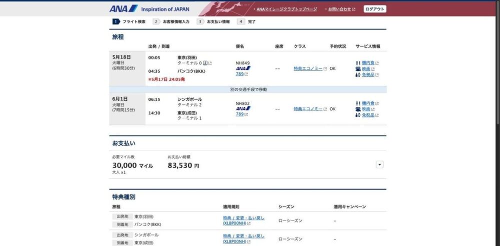 ANA特典予約の確認画面。東京(羽田)→バンコクのあと「別の交通手段で移動」と表示され、シンガポール→東京(成田)で戻る旅程。必要マイル30,000マイル・お支払い総額83,530円