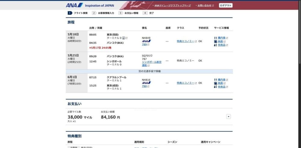 ANA特典予約の確認画面。東京→バンコク→シンガポールと飛び、シンガポールからクアラルンプールは「別の交通手段で移動」、クアラルンプール→東京で戻る3区間の旅程。必要マイル38,000マイル・お支払い総額84,160円