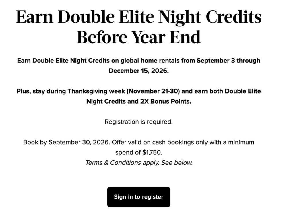 Homes & Villas by Marriott Bonvoy公式サイトのキャンペーン告知。2026年9月3日から12月15日までの宿泊でエリートナイトクレジットが2倍になること、9月30日までの予約と登録が必要なこと、最低利用額1,750米ドルが条件であることが英語で書かれている