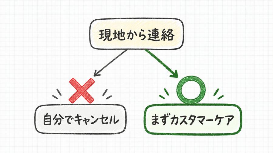 キャンセル手順の手描き風フロー図。「現地から連絡」から2本の矢印が分かれ、左は赤いバツ印つきの「自分でキャンセル」、右は緑の丸印つきの「まずカスタマーケア」につながっている