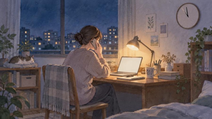 夜の自室の机で、スマートフォンを耳に当てて電話をしている人物を後ろから描いた水彩イラスト。デスクライトが灯り、窓辺には猫が眠り、窓の外には夜の街の明かりが見える