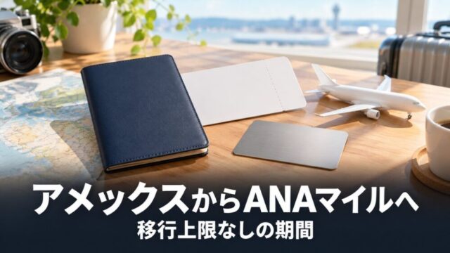 机の上のパスポートケースと白い搭乗券、無地のカード、白い飛行機の模型。アメックスからANAマイルへ 移行上限なしの期間 の文字