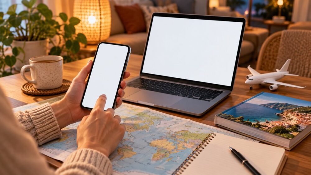 画面が空白のスマートフォンとノートパソコン、ガイドブックと飛行機の模型で旅行を計画する手元（イメージ画像）