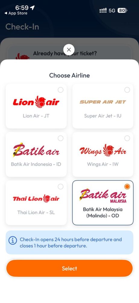 BookCabinアプリの航空会社選択画面でBatik Air Malaysia (Malindo) - ODを選んだところ