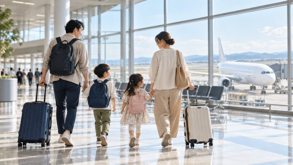 空港の明るいコンコースを、機内持ち込みサイズのスーツケースを引いて歩く家族4人の後ろ姿（イメージ画像）