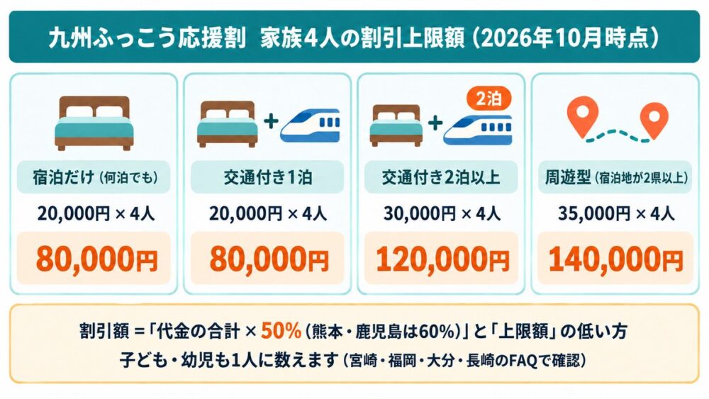 九州ふっこう応援割の家族4人の割引上限額の比較図（2026年10月時点）。宿泊だけ20,000円×4人で80,000円、交通付き1泊80,000円、交通付き2泊以上30,000円×4人で120,000円、周遊型35,000円×4人で140,000円
