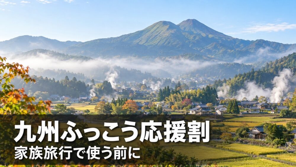 朝霧と湯けむりが立つ九州の温泉地の盆地と双耳峰の山の風景に「九州ふっこう応援割 家族旅行で使う前に」の文字（イメージ画像）