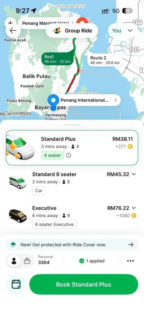 Grabアプリでペナン空港からペナン・マリオットまでの車種別料金を表示した画面
