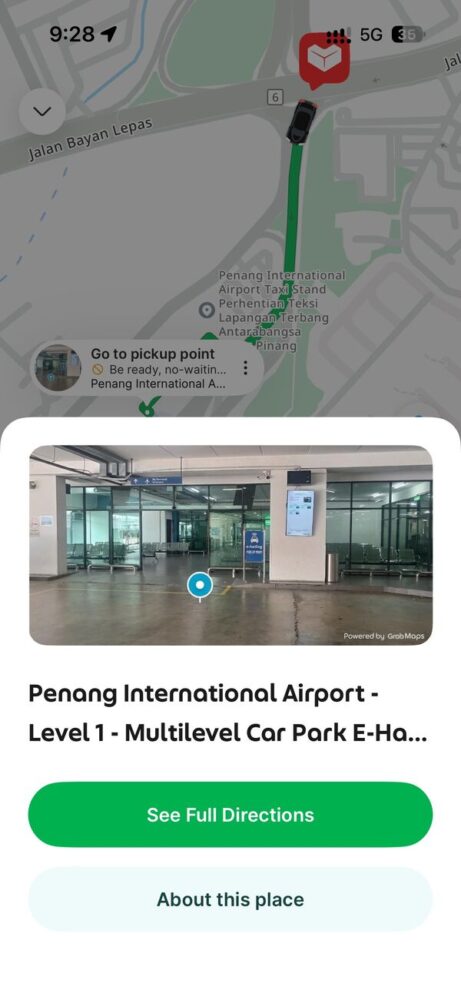 Grabアプリに表示されたペナン空港Level 1ピックアップポイントの写真付き案内